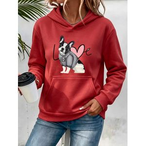 Sweat à capuche de poche pour femme avec doublure, imprimé lettre et motif d'illustration de dessin animé de bouledogue français avec cœur d'amour
