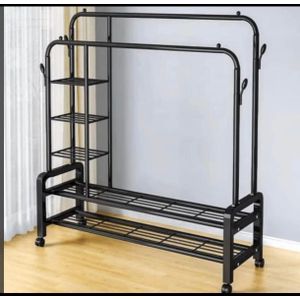Portant à Vêtements Double Barre avec Étagères Latérales et Roulettes – Penderie Mobile Multifonctionnelle
