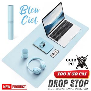 Drop Stop Tapis de bureau (100 * 50cm) Sous-main antidérapant en Cuir PU, imperméable, protège les surfaces, ultra mince, facile à nettoyer, pour ordinateur portable, écriture, bureau, maison, décoration,  (Bleu Ciel)