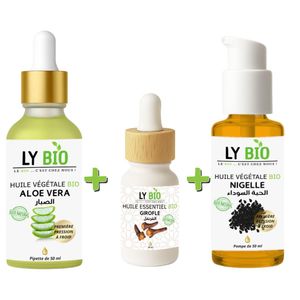 LY BIO PACK HUILE ALOE VERA 50ml - PIPETTE + HUILE ESSENTIEL GIROFLE 10ML + HUILE NIGELLE 50ML - POMPE