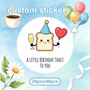 24/48 autocollants personnalisés, style personnage de pain grillé de dessin animé mignon, fond aquarelle multicolore, impression de verre à champagne et ballon en forme de cœur rouge avec texte "Un petit toast d'anniversaire pour toi", décoration de fêt