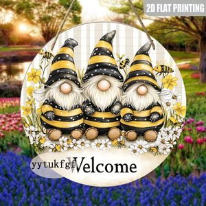 Plaque Décorative à Thème "Nain Tournesol Abeille" en Bois Rétro avec Nains Fantaisistes, Abeilles et Tournesols, 20.32x20.32 cm, Décoration Murale en Bois Artificiel pour Salon ou Cour - Cadeau Unique pour Dame