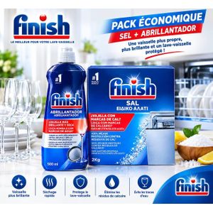 Finish Pack Économique Sel Régénérant 2Kg + Liquide de Rinçage Abrillantador 500ml – Lave-Vaisselle