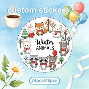 24pcs/48pcs Stickers Personnalisés, Style Animaux d'Hiver, Design Aquarelle Multicolore, Renard Lapin Raton laveur Ours avec Écharpe et Motif d'Arbres, Texte Thème Hiver, pour Emballage Cadeau, Décoration de Journal, Cadeau de Fête, Accessoire de Papete