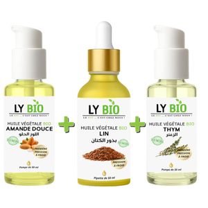 LY BIO PACK HUILE AMANDE DOUCE 50ml - POMPE + HUILE LIN 50ML - PIPETTE + HUILE THYM 50ML - POMPE