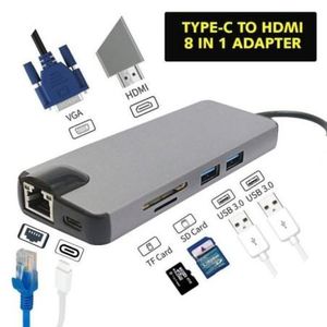 Adapter USB-C Multiport Adapters 8 in 1, HDMI 4K, VGA, HDTV, USB 3.0, lecteur SD/TF, RJ45