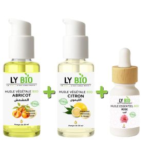 LY BIO PACK HUILE ABRICOT 50ML - POMPE + HUILE CITRON 50ML - POMPE + HUILE ESSENTIEL ROSE 10ML