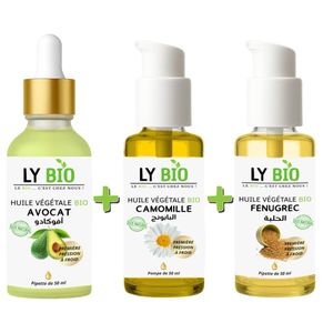 LY BIO PACK HUILE AVOCAT 50ml - PIPETTE + HUILE CAMOMILLE 50ML - POMPE + HUILE FENUGREC 50ML - POMPE