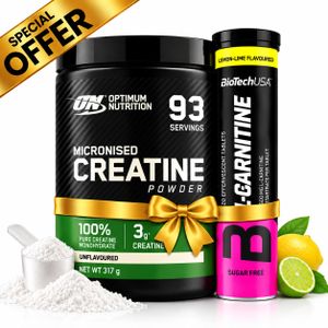 Optimum Nutrition Pack Force & Puissance - Micronised Creatine Powder 317g Neutre + L-Carnitine 20 Tabs Lemon Lime