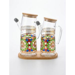 Set de 2 Huiliers en Verre avec Couvercles en Bois et Plateau en Bambou – Design Marocain Élégant