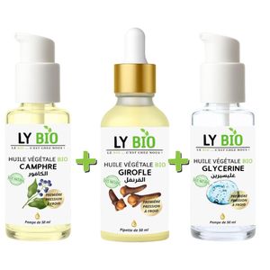 LY BIO PACK HUILE CAMPHREE 50ML - POMPE + HUILE GIROFLE 50ML - PIPETTE + HUILE GLYCERINE 50ml - POMPE