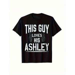 T-shirt épais en  200GSM pour homme - type adore son Ashley avec pouce levé et imprimé du nom Ashley, noir avec texte blanc, coupe décontractée, manches courtes, col ras du cou, t-shirt décontracté, lavable en machine, cadeau pour les fans d'Ashley