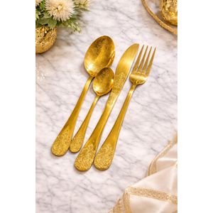 24 pieces Ensemble de couverts dorés gravés Cuillère Fourchette Couteau