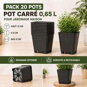 Pack de 20 Pots de Culture Carrés 0,65 L – Pots Drainants pour Semis, Boutures et Petites Plantes – Noir