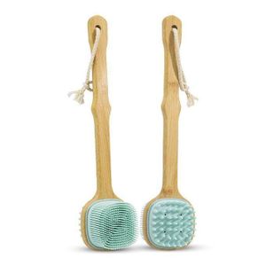 Brosse de Bain Double Face en Silicone et Bambou – Exfoliante, Massage et Nettoyage Profond du Corps – Manche Long Antidérapant