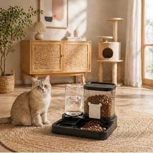 General Distributeur automatique de nourriture et d'eau pour chat et petit chiens 2-en-1 grande capacité - Séparation sèche et humide, plastique durable, conception transparente