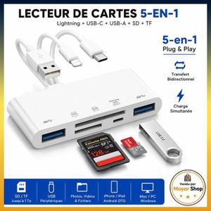 Lecteur de Cartes Mémoire 5-en-1 Lightning & USB-C pour iPhone, iPad, Android, Mac et PC – SD/TF, USB OTG, Charge Simultanée