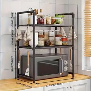 General Étagère Micro-Ondes 2 Niveaux en Métal – Organisateur de Cuisine Multifonction avec Crochets – Gain de Place