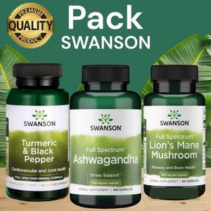 Swanson Pack Ashwagandha, 450 mg, Lion's Mane Mushroom, Turmeric & Black Pepper total de 220 capsules