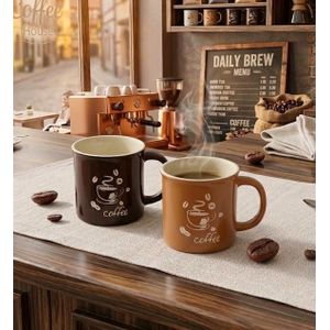 طقم أكواب قهوة سيراميك تصميم فينتيج بني وشوكولاتة قطعتين مقاس 8 سم في 5 سم مع رسمة حبوب القهوة الأنيقة مثالي للاسبريسو والكابتشينو تشكيلة ديلي برو عالية الجودة ومقاومة للحرارة للمنزل والمكتب