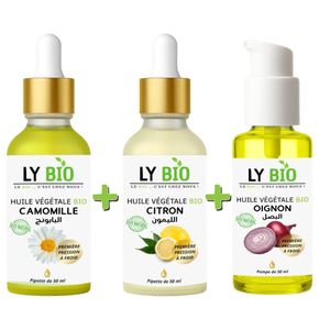 LY BIO PACK HUILE CAMOMILLE 50ML - PIPETTE + HUILE CITRON 50ML - PIPETTE + HUILE OIGNON 50ML - POMPE