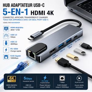 محول USB-C متعدد المنافذ 5 في 1 – محور Type-C مع منفذ HDMI بدقة 4K، ومنافذ USB 3.0/2.0 وشحن سريع PD 100W للكمبيوتر المحمول والتابلت