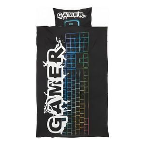 Parure de Lit Gamer 155x220 Noir - Housse de Couette & Taie d'Oreiller - Thème Clavier Rétroéclairé