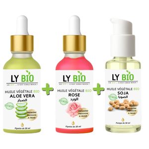 LY BIO PACK HUILE ALOE VERA 50ml - PIPETTE + HUILE ROSE 50ml - PIPETTE + HUILE SOJA 50ML - POMPE