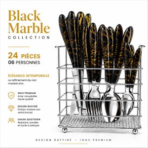 La Belle Ménagère Inox 24 Pièces 6 Personnes avec Porte-Couverts Cadeau – Set Couverts INOX –Manche ABS Ergonomique Effet Marbre Noir Premium aux veines Bronzes, Couteaux Lame Micro-Dentée, Service de Table Complet Cuisine Maison Cadeau – Collection 2026