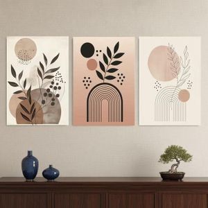 Tableau Mural Art Abstrait Boho Arches et Feuillets Botaniques Noirs Terracotta et Beige 3 Pièces 60 x 40 cm - Toile Canvas HD - Style Minimaliste Chic & Line Art - Décoration Salon Chambre Bureau - Châssis en Bois