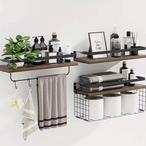 Étagère Murale Flottante en Bois avec Panier Métal, Organisateur Salle de Bain Mural, Rangement Décoratif Style Rustique Nordique, Support Suspendu Gain de Place