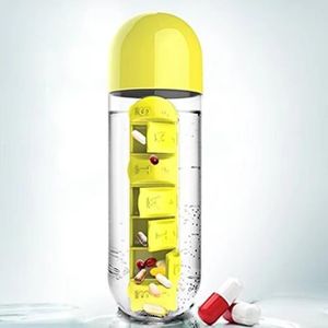 Gourde portable avec pilulier hebdomadaire intégré – Idéale pour les voyages jaune de 600 ml 