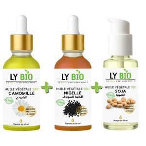 LY BIO PACK HUILE CAMOMILLE 50ML - PIPETTE + HUILE NIGELLE 50ML - PIPETTE + HUILE SOJA 50ML - POMPE