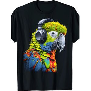 T-Shirt Musique Perroquet Art Casque Musiciens Oiseau Animal Style Identique Homme Femme, Été 2025, Manches Courtes, Imprimé, Pur 180g, Col Rond, Légèrement Élastique, Coupe Régulière, Style Vintage, Dr Streetwear T-Shirt