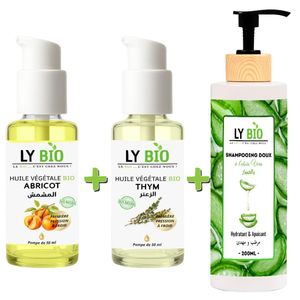 LY BIO PACK HUILE ABRICOT 50ML - POMPE + HUILE THYM 50ML - POMPE + SHAMPOOING ALOE VERA 200ML