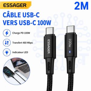 ESSAGER كابل USB C إلى USB C بقدرة 100 واط  شحن سريع PD ونقل بيانات ومؤشر LED 5A 2M