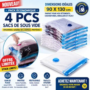 Pack de 4 Sacs Sous Vide XXL 90x130 cm – Solution Idéale de Rangement Gain de Place 