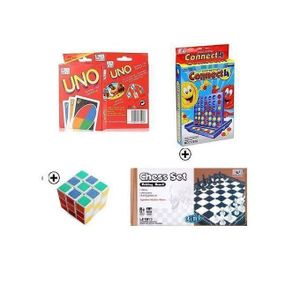 Pack 4 jeux de famille : Cartes Uno, puissance4, Echecs et cube magique