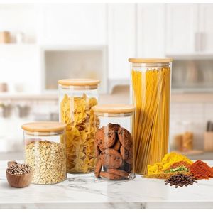 Lot de 4 Bocaux de Conservation en Verre Transparent avec Couvercles en Bambou Hermétiques – Boîtes de Rangement pour Cuisine (Pâtes, Spaghettis, Céréales, Épices)
