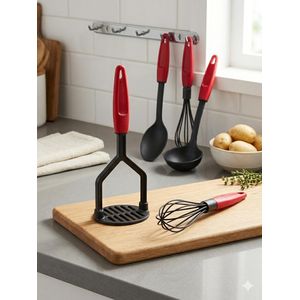 Set de 5 Ustensiles de Cuisine de Qualité Premium avec Support Mural - Nylon Alimentaire Noir & Rouge - Ergonomique et Résistant à la Chaleur