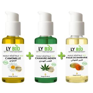 LY BIO PACK HUILE CAMOMILLE 50ML - POMPE + HUILE HYDRATANTE & NUTRITIVE 50ML - POMPE + HUILE FIGUE DE BARBARIE 50ML - POMPE