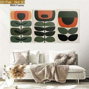 Tableau Mural Art Abstrait Géométrique Fleurs Retro Mid-Century Orange, Vert Olive et Gris 3 Pièces 60 x 40 cm - Toile Canvas HD - Style Scandinavian Retro & Minimalist Pop Art - Décoration Salon Chambre Bureau - Châssis en Bois