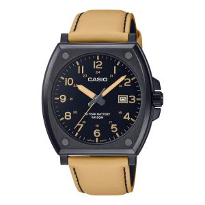Casio Montre style militaire épuré fond noir avec bracelet cuir couleur moutarde clair - 10 ans aut. pile - MTP-E715L-5AV