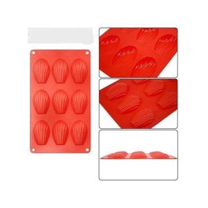 Madeleine à 9 Trous, Moule à gâteau en Silicone Moule de Cuisson Plateau de Glace pour Gâteau, Gelée, Bonbons, Biscuits, Mousse, Pâtisserie, Brownies Rouge