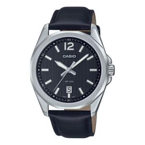 Casio MTP-E725L-1AV - Cadran noir texturé à motif rayé et bracelet en cuir véritable noir - Dateur - 