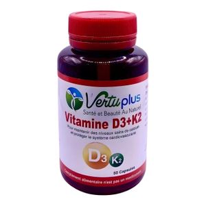 Vertu Plus Vitamine D3+K2 - Soutien Osseux et Cardiovasculaire - 50 Capsules