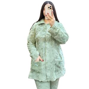 بيجاما نسائية دافئة من الفرو، مجموعة شتوية بنسيج الوافل، ملابس منزلية دافئة فائقة النعومة