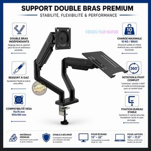 Support Double Bras pour Écran 13 à 32 pouces et Ordinateur Portable – Support de Bureau Réglable 360° avec Plateau Laptop, Bras Articulé, Fixation VESA et Pince de Bureau