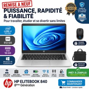Hp PC PORTABLE  ELITEBOOK 840 G5 8ÉME GÉN-CORE I7-16Go-512 Go SS-AZERTY-Remise à neuf