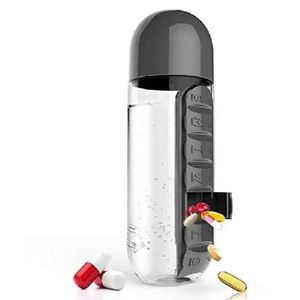 Boîte à Pilules Portable, Bouteille d'eau portable 2 en 1 avec pilulier 7 jours pour les voyages et les médicaments 600 ml (Gris)